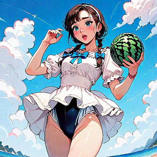Anime Girl in Frilled Swimsuit at Beach