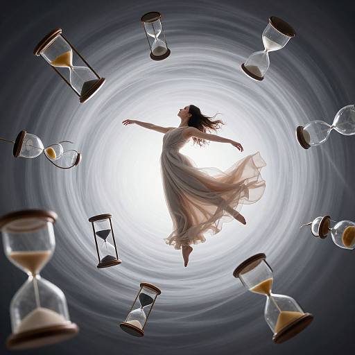 Silhouetted woman in flowing dress, floating upward through swirling vortex, surrounded by suspended hourglasses in digital art style.