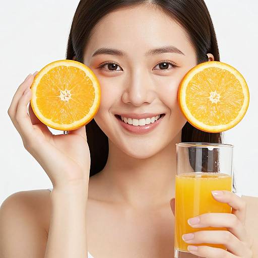 Photograph of an Asian woman with smooth skin, smiling, holding two orange slices against her eyes and a glass of orange juice.
