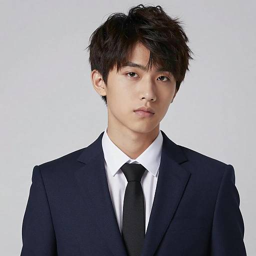 Photograph of an East Asian man with messy black hair, wearing a black suit, white shirt, and black tie, against a plain white background.