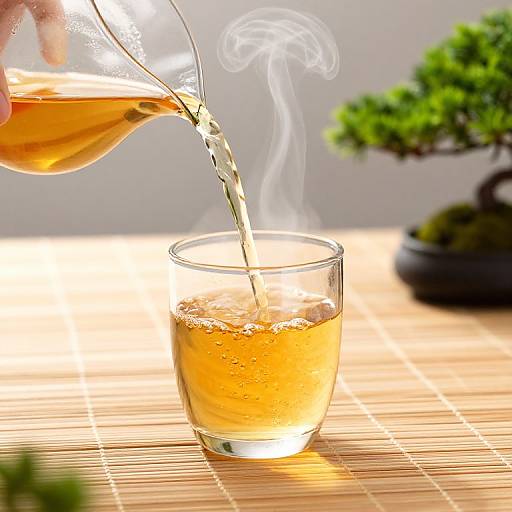 Photograph of clear glass being filled with steaming amber liquid, light reflections, bamboo mat, blurred green bonsai in background.