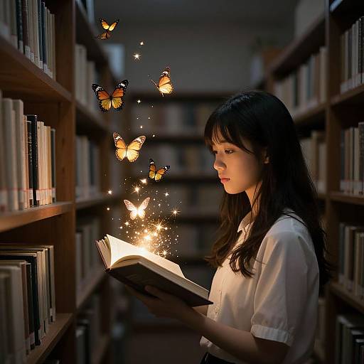 Photograph of an Asian woman with long black hair in a white blouse, reading a book surrounded by glowing butterflies in a dimly lit library.
