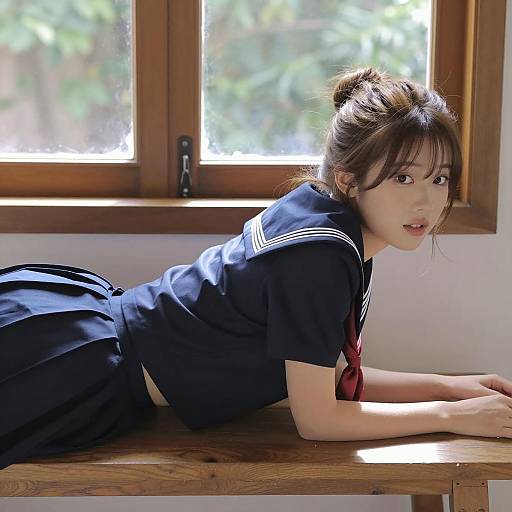 Young Woman in Navy Sailor Uniform by Window