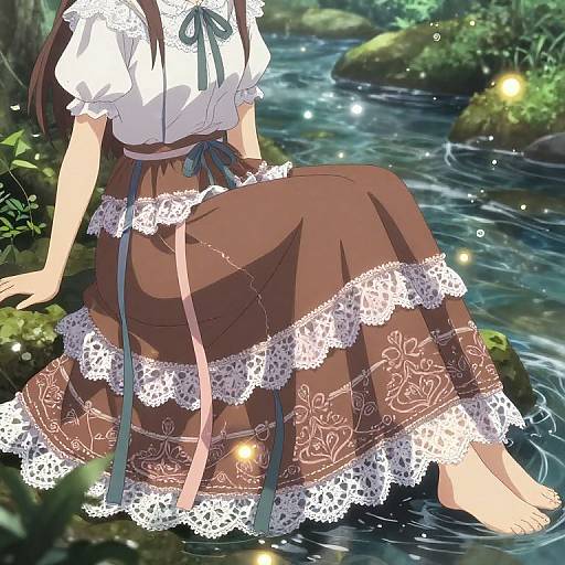 Anime-style digital drawing of a girl in a white blouse and brown lace-trimmed skirt sitting in a glowing, forest stream.