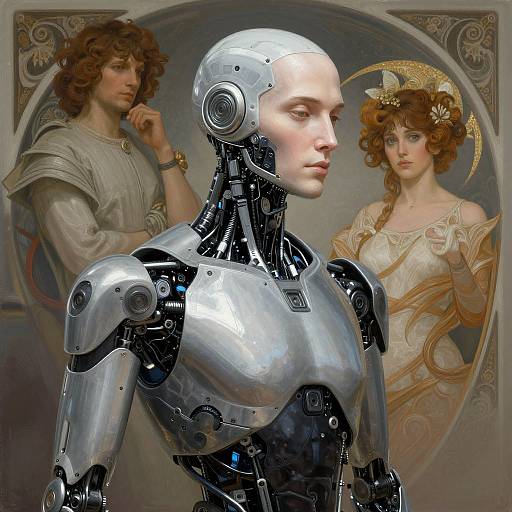 Digital artwork of a silver robotic man with human face between two Classical-style women with curly hair, one wearing a crown.