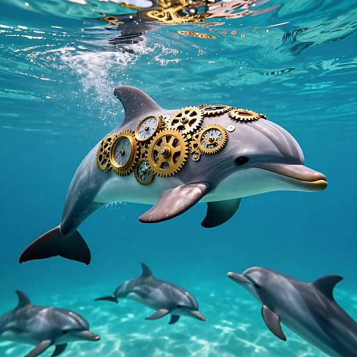 Photograph of a dolphin with gold gear wheels on its side, swimming underwater with other dolphins in clear blue water.