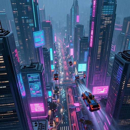 A digital art piece of a neon-lit, rain-soaked futuristic city street, filled with glowing billboards, busy traffic, and towering skyscrap