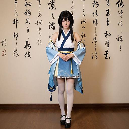 Photograph of an Asian woman in a blue and white traditional Japanese kimono with black hair, white stockings, and black sandals, standing against a wall