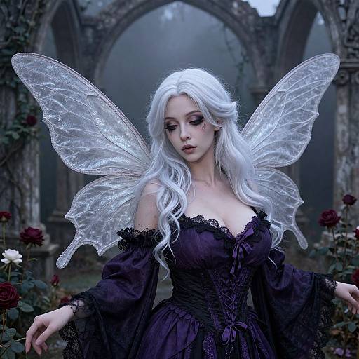 Digital fantasy artwork of a pale-skinned, white-haired fairy with transparent wings, wearing a black, off-shoulder lace dress, standing in a