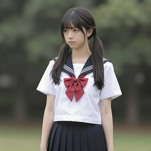 Asian Girl in Sailor Uniform Outdoors