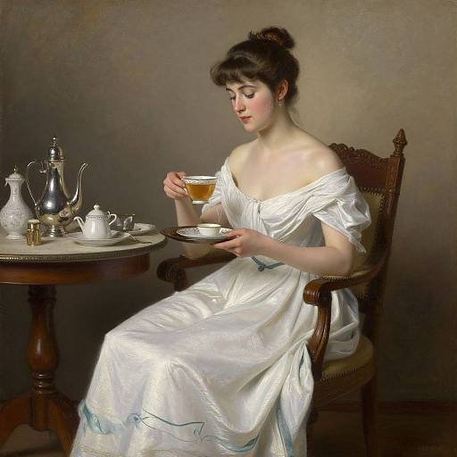 Photograph-style painting of a fair-skinned woman in a white off-shoulder dress, sipping tea from a cup on a wooden chair by