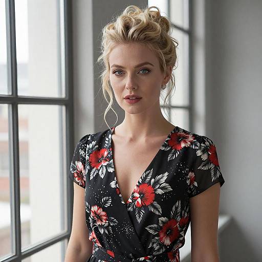 Blonde Woman in Floral Dress Near Window