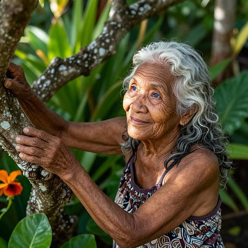Photograph of an elderly woman with white curly hair, brown patterned dress, holding tree branch, smiling, surrounded by lush greenery.