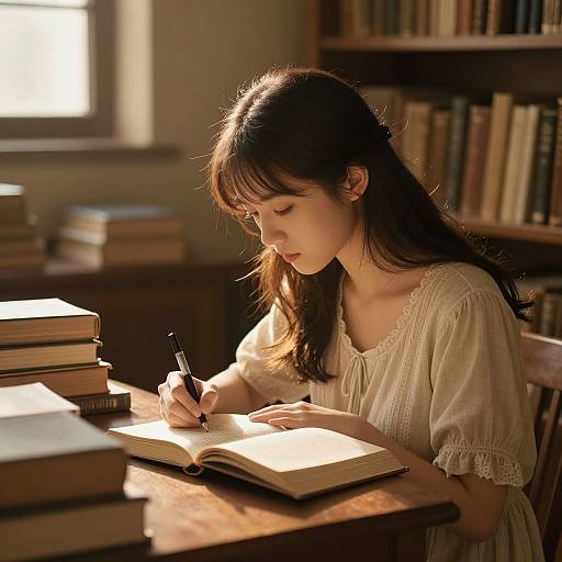 Photograph of an Asian woman with long brown hair, wearing a white blouse, writing in an open book at a sunlit library table.
