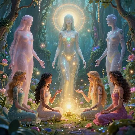 Digital art: Five ethereal, glowing women in a mystical forest, kneeling around a radiant fire. One central figure with a halo, surrounded by lum