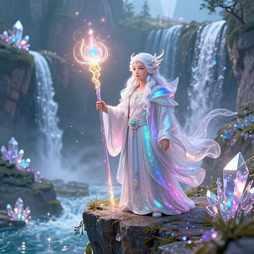 Digital fantasy artwork of an ethereal elf with white hair, glowing white robe, holding a crystal staff, standing on a cliff by a cascading waterfall
