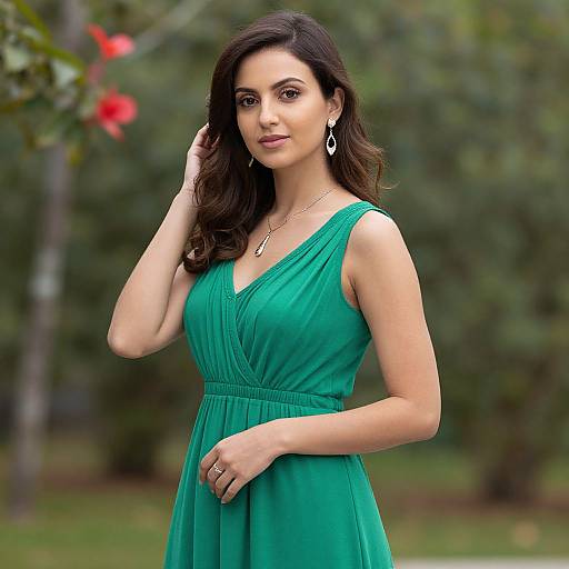 Photograph of a beautiful South Asian woman with long, wavy dark hair, wearing a sleeveless, green, V-neck dress, standing outdoors with