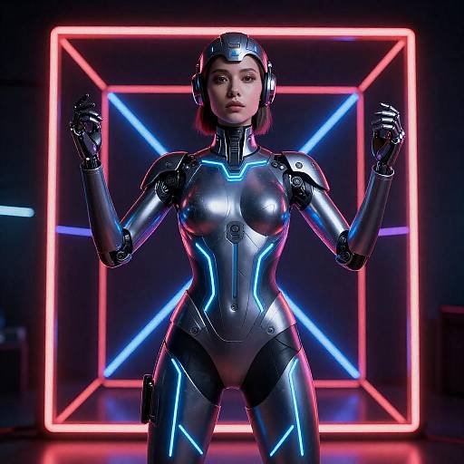 Futuristic Cyborg Woman in Neon Lights