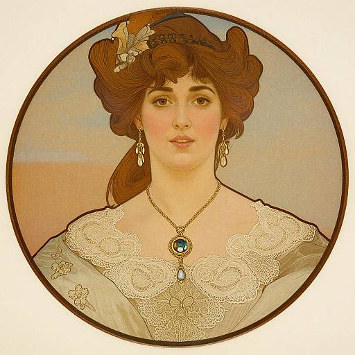 Digital illustration of a Victorian woman with brown hair, lace dress, gold necklace, and earrings, framed in a circular border.