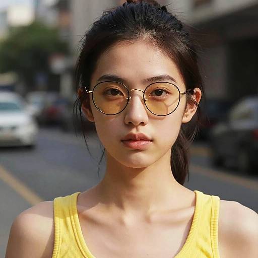 Photograph of an Asian woman with fair skin, black hair in a ponytail, wearing round glasses and a yellow tank top, standing on a sun