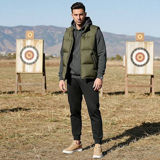 Photograph of a serious-looking man with short dark hair, wearing a black hoodie, green puffer vest, black pants, and beige sneakers, standing