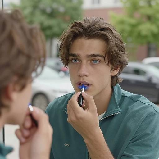 Young Man Applying Blue Lipstick
