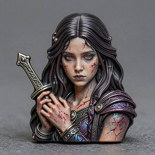 Digital painting of a bloodied, long-haired young woman with intense eyes, holding an ornate sword, wearing armored, star-patterned clothing.