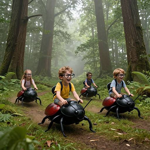 Children Riding Giant Beetles in Forest