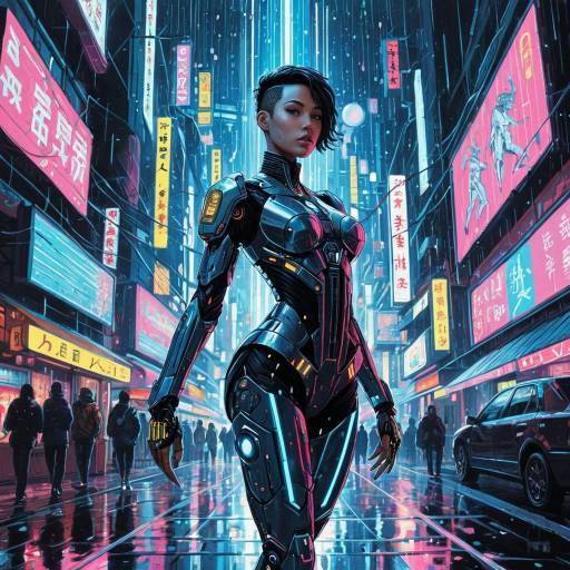 Non-binary Cyborg Dancer in Neon-lit Futuristic City