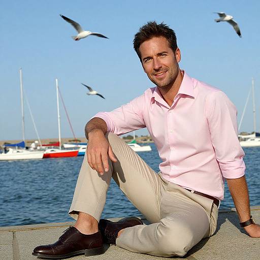 Photograph of a smiling man with short dark hair, light pink shirt, beige pants, and black shoes, sitting by a sunny waterfront with seag