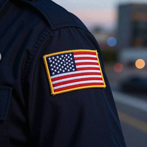 Close-up photograph of a black uniform sleeve with a brightly colored American flag patch, set against a blurred urban background.