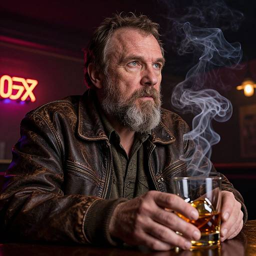Photograph of a middle-aged bearded man with gray hair, wearing a brown leather jacket, holding a whiskey glass, smoking, with a neon 