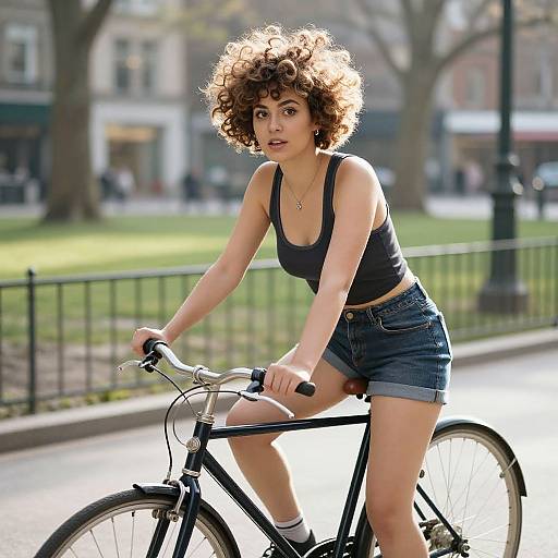 Photograph of a curly-haired woman with light brown skin, wearing a black tank top and denim shorts, riding a black bicycle on a sunny street with