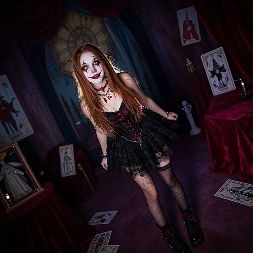 Gothic woman with pale skin, red hair, black dress, fishnet stockings, and choker, leans forward in dimly lit room with