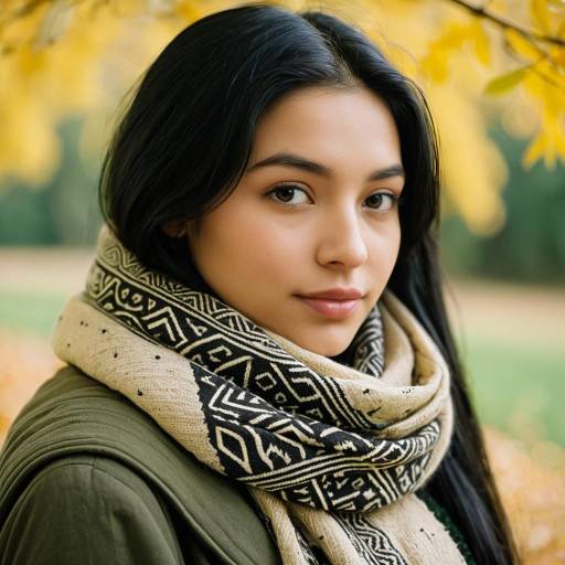 Young woman wrapped in patterned scarf outdoors