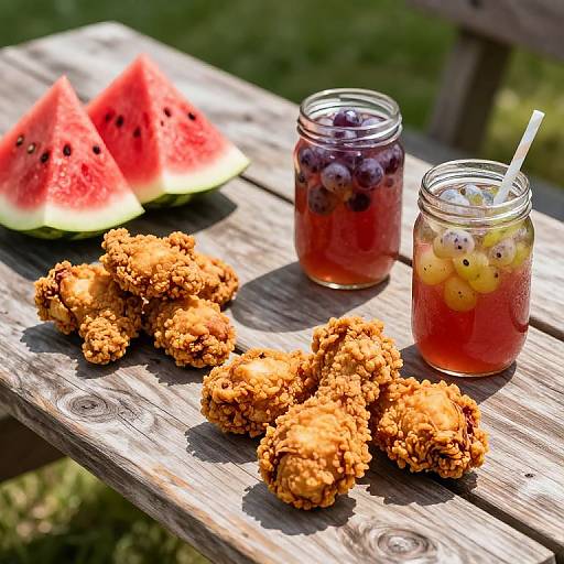 Photograph of crispy fried chicken nuggets, watermelon slices, and two fruit-infused drinks in mason jars on a sunlit wooden picnic table