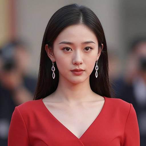 Photograph of an elegant Asian woman with long black hair, wearing a red V-neck dress and dangling silver earrings, standing against a blurred background of people