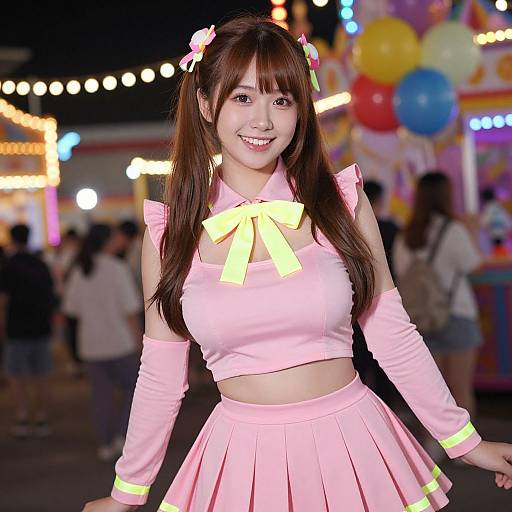 Photograph of a smiling Asian woman with long brown hair in pink, sleeveless, crop-top and skirt cosplay outfit at a brightly lit nighttime carnival,