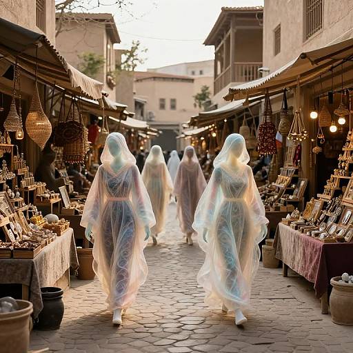 Photograph of three translucent, ghostly figures in white, flowing robes walking through a bustling, narrow, medieval bazaar with hanging lamps and market stalls