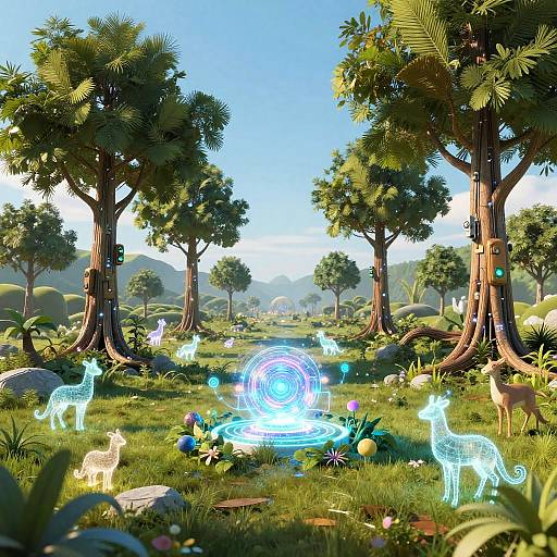 Digital artwork of a vibrant, magical forest with glowing, neon-colored animals and a radiant blue spiral light in a grassy clearing.