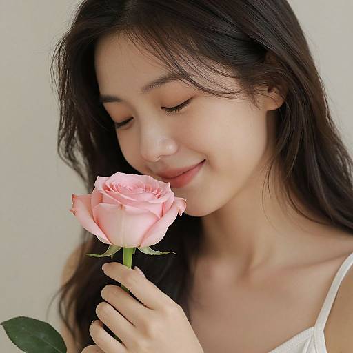 Photograph of a smiling Asian woman with long black hair, holding a pink rose close to her nose, wearing a white lace top.