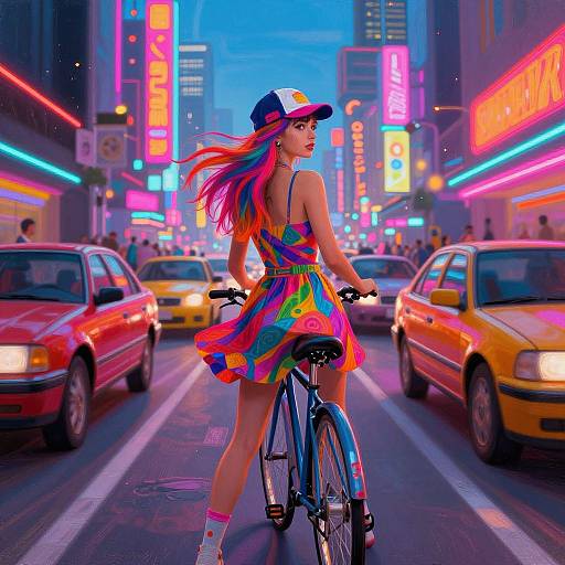 Digital artwork of a vibrant, rainbow-dressed woman in a cap riding a bike through a neon-lit, bustling New York City street with yellow taxis
