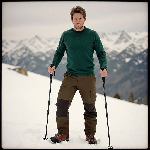 Photograph of a muscular man with short brown hair, green sweater, brown cargo pants, and black boots, standing on snowy mountain, using ski poles