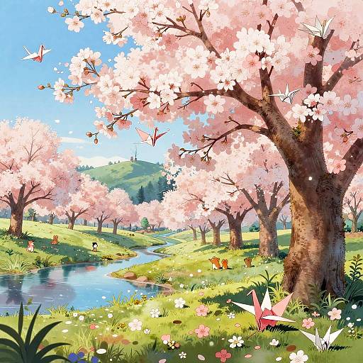 Digital art of a vibrant spring landscape with pink cherry blossom trees, a winding blue stream, green hills, and colorful butterflies. Bright, cheerful, and