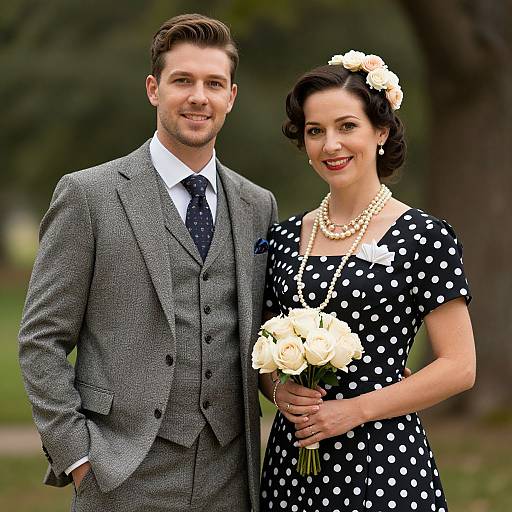 Photograph of a smiling couple in vintage attire; man in gray three-piece suit, dark tie; woman in black polka dot dress, pearl necklace