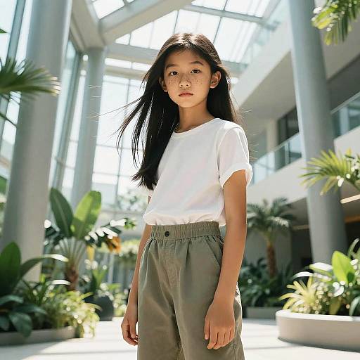 Photograph of an Asian girl with long black hair, wearing a white T-shirt and green pants, standing in a bright, sunlit indoor garden with