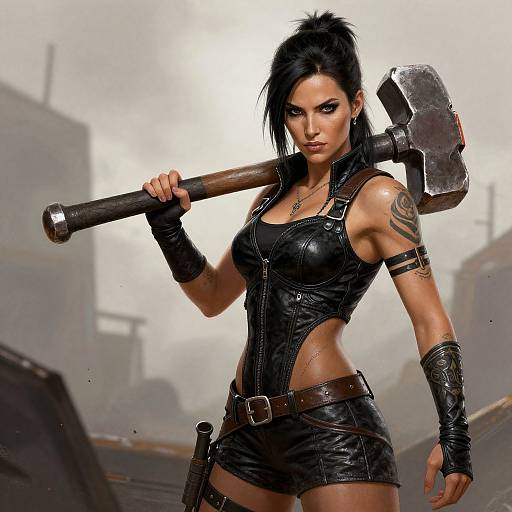 Digital artwork of a tough, black-haired woman with tattoos, wearing black leather outfit and holding a large hammer over her shoulder.