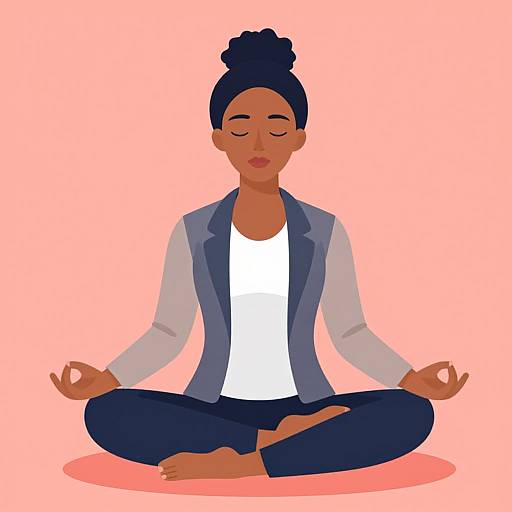 Digital illustration of a dark-skinned woman with a bun, meditating in a lotus position, wearing a white shirt, blue vest, and black