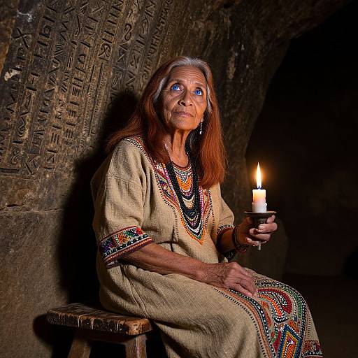 Photograph of an elderly woman with long red hair, blue eyes, and intricate traditional dress, holding a lit candle in a dimly lit, carved
