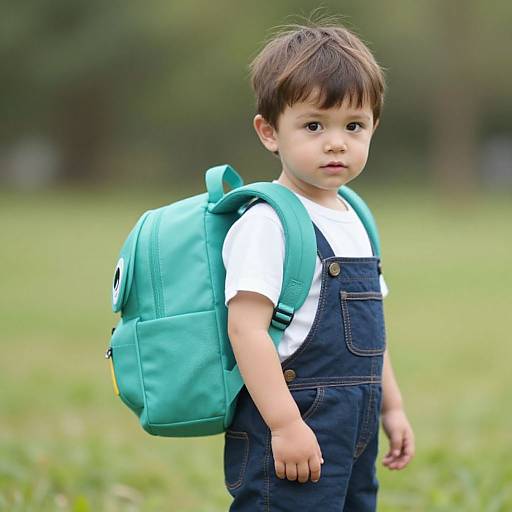 Photograph of a young boy with short brown hair, wearing a white shirt and blue overalls, carrying a teal backpack, standing in a grassy